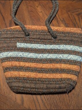 Alpaca Wool Striped Woven Tote in Brown, Orange & Blue. Artisanal. Boho.